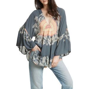 Free People Peasant Blouse Sunset Dream in Black Combo Tunic sz S